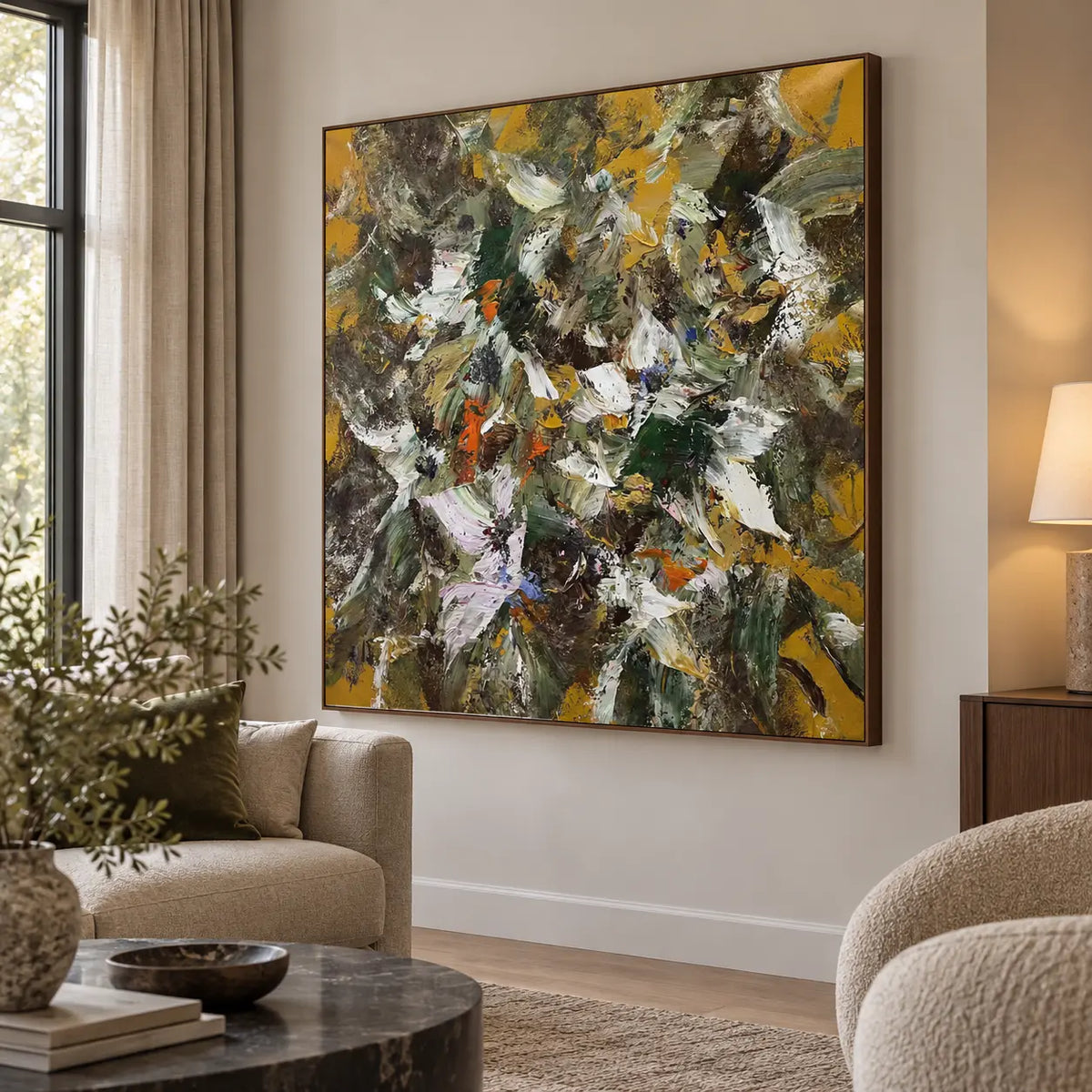 Under an Ochre Canopy: Angled painting view beside a tall curtained window and cream chairs