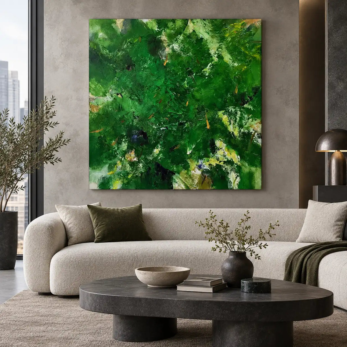 Verdant Immersion: above a white sofa with a dark oval table and city window