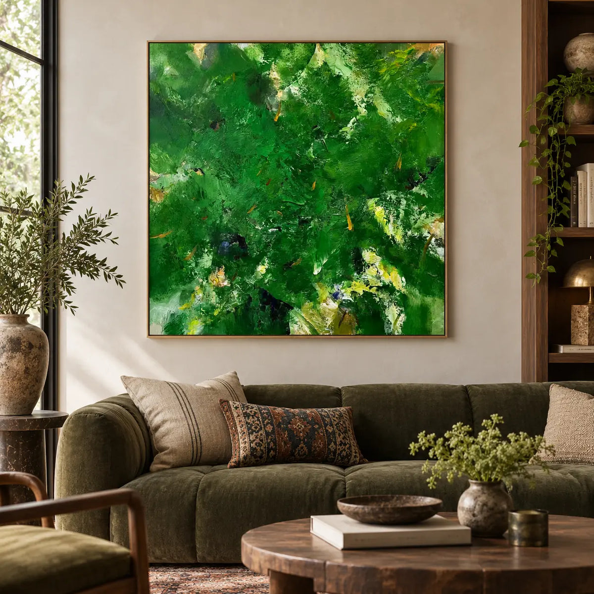 Verdant Immersion: above an olive sofa beside bookshelves and patterned cushions