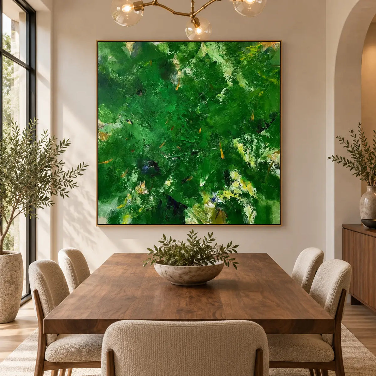 Verdant Immersion: above a wooden dining table beneath glass globe lights