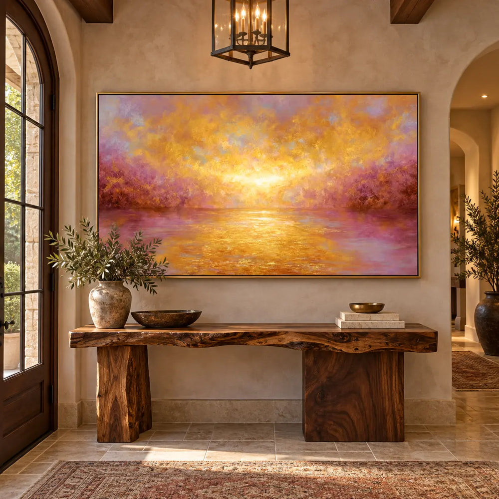 Where Amber Meets Violet: above a live-edge console beside an arched entrance door