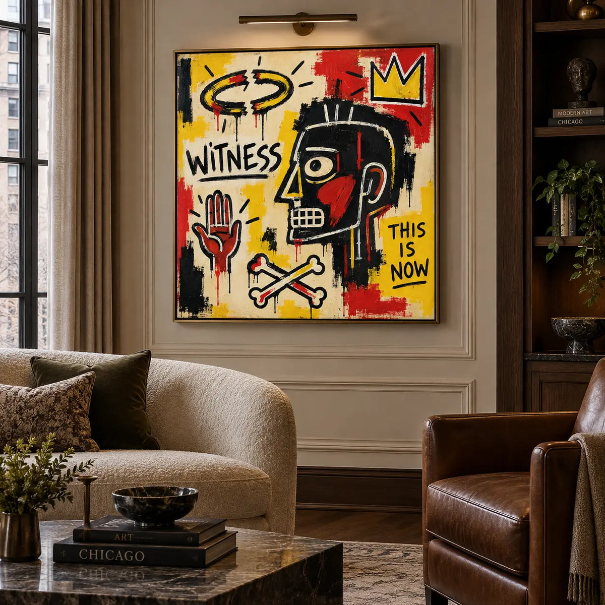 Witness Beneath a Broken Halo: artwork above a curved cream sofa beside dark shelves and a brown chair