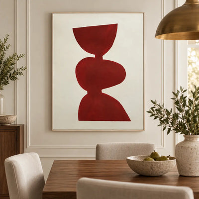 A Balance in Vermilion: behind a wood dining table with cream chairs and a brass pendant