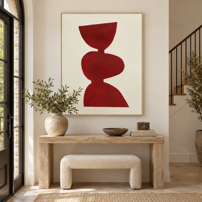A Balance in Vermilion: above a stone entrance console and boucle bench beside a staircase