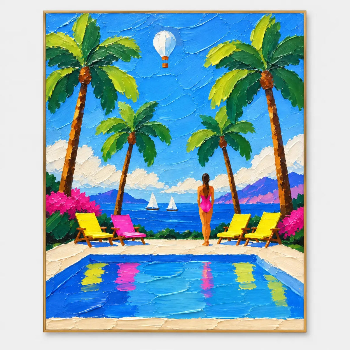 A Balloon Beyond the Palms: A pink-suited figure stands between yellow and pink chairs by a pool