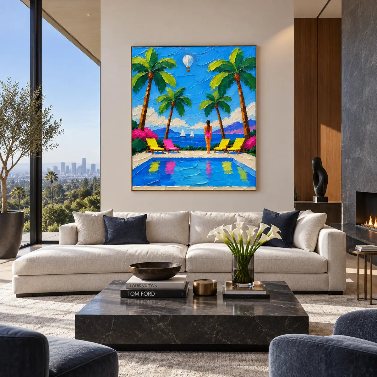 A Balloon Beyond the Palms: above a white sofa and dark marble table with tall white flowers