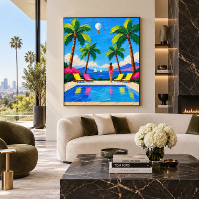 A Balloon Beyond the Palms: above a curved white sofa beside a veined dark table