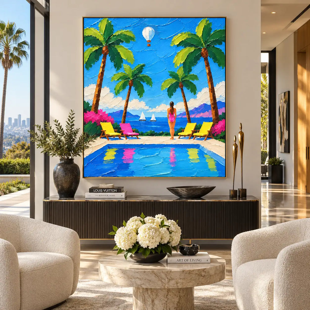 A Balloon Beyond the Palms: above a fluted console near a pale round stone table and white flowers