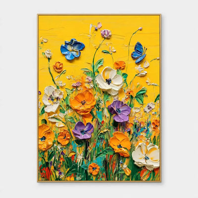 A Blue Visitor in the Garden: A blue butterfly hovers above orange, white and purple flowers on a bright yellow ground