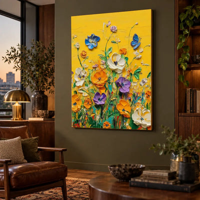 A Blue Visitor in the Garden: viewed obliquely beside a leather chair and city-view window