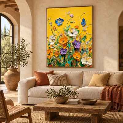 A Blue Visitor in the Garden: above a cream sofa in an arched room with a rustic wood table