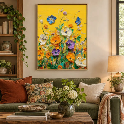 A Blue Visitor in the Garden: above an olive sofa beside a trailing plant and wooden shelves