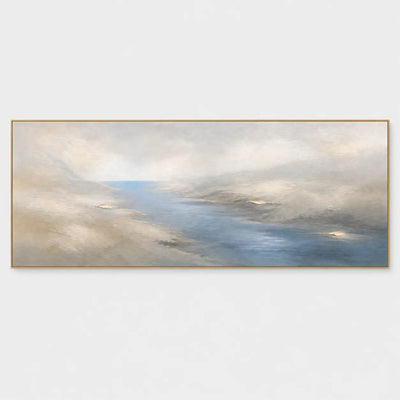 A Channel Through Pearl: A soft blue water channel between pale misty banks with scattered warm highlights
