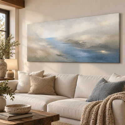 A Channel Through Pearl: angled above a cream sectional beneath a wooden ceiling beam