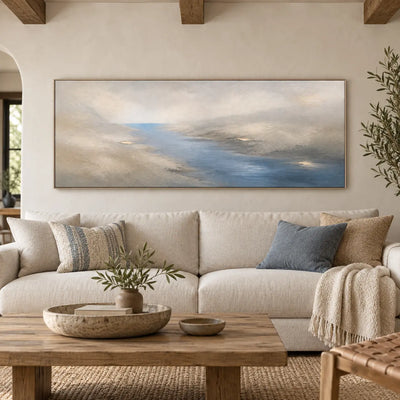 A Channel Through Pearl: framed above a cream sofa with striped blue cushions