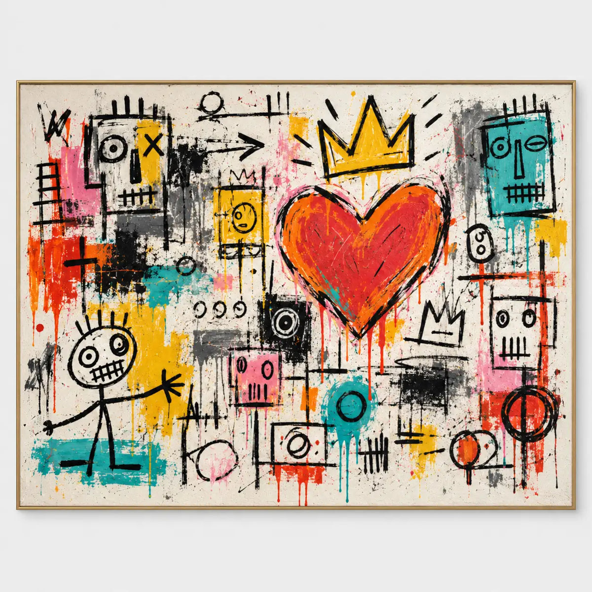 Crowned red heart surrounded by small box-shaped faces, stick figures and colorful marks
