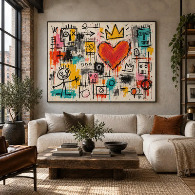 A Crown for the Gathering Heart: artwork above a cream sofa beside brickwork and a rectangular wood coffee table