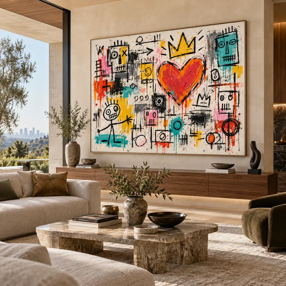 A Crown for the Gathering Heart: artwork above a wooden console behind cream seating with a garden view