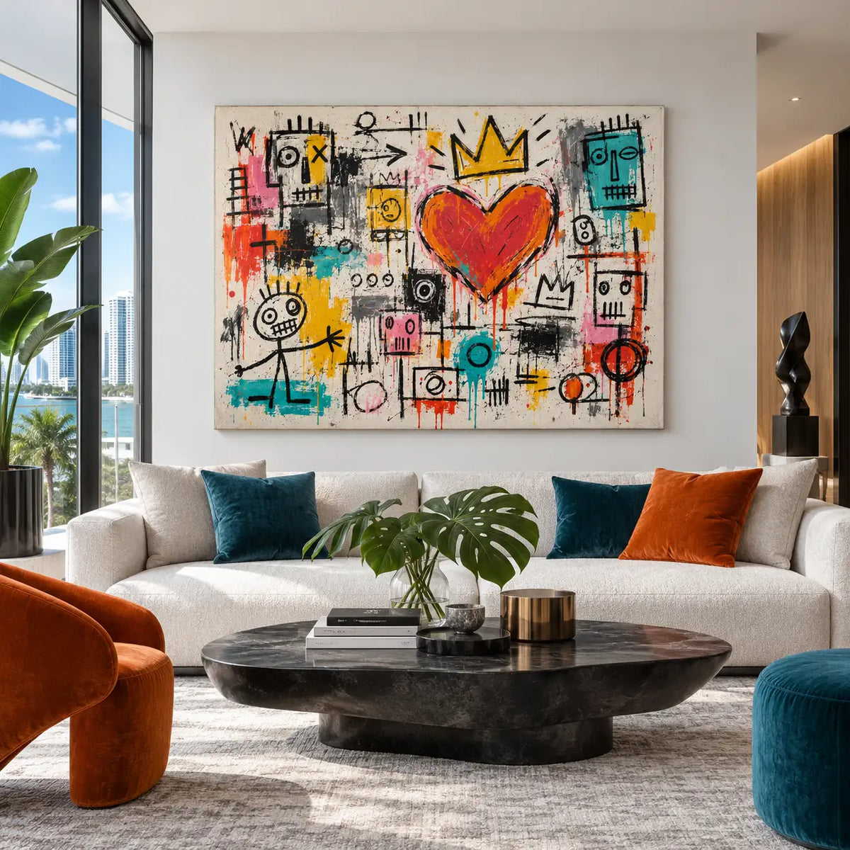 A Crown for the Gathering Heart: artwork above a white sectional with teal cushions and a low black oval table