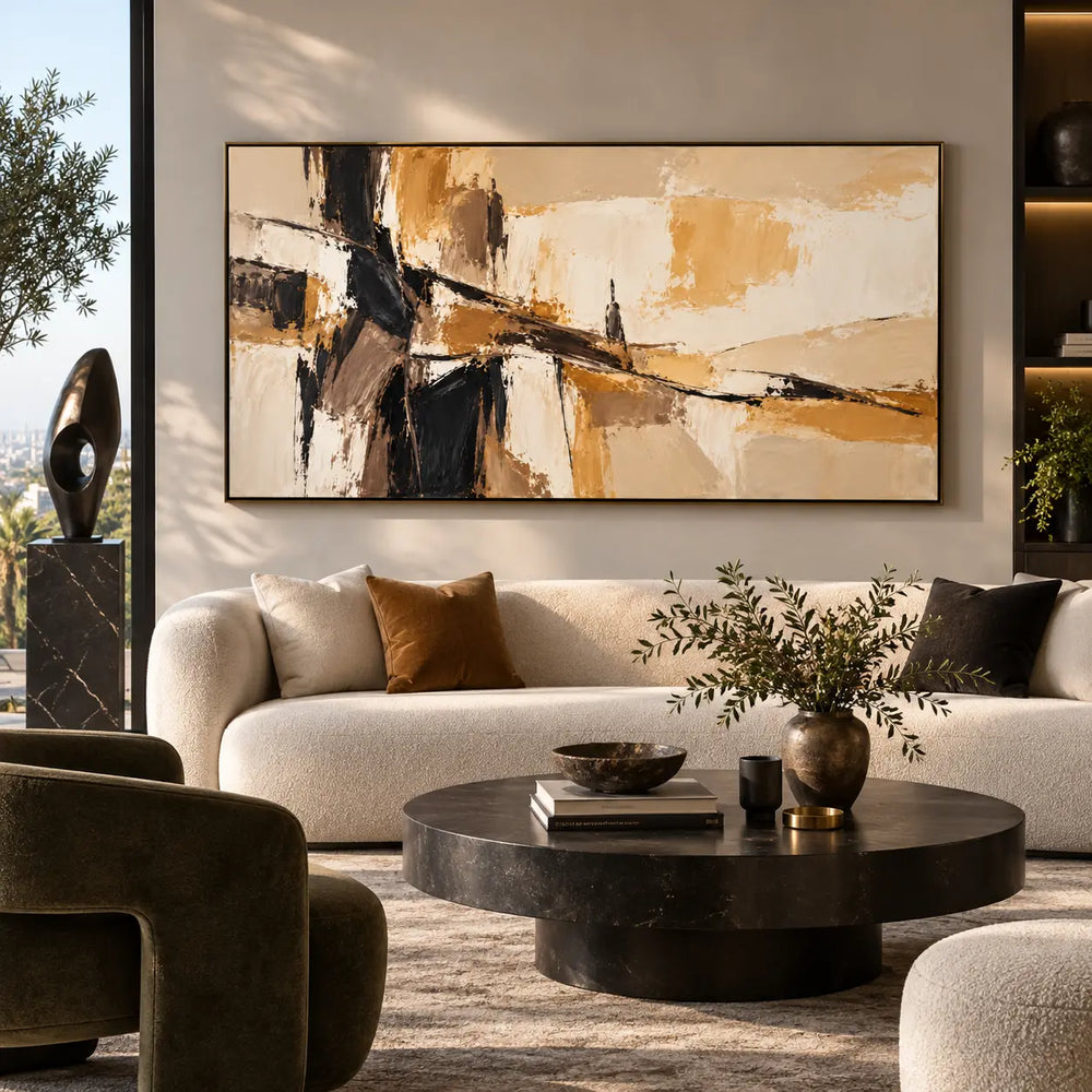 A Dark Seam Through Sand: above a cream sofa with an ochre cushion, round dark table and leafy branches