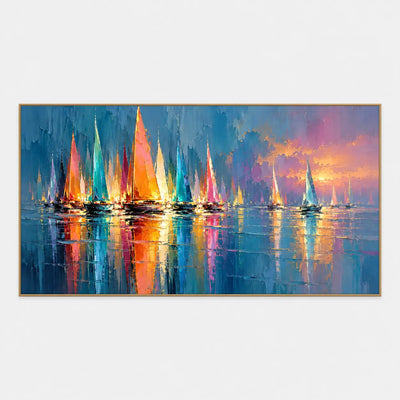 A Fleet of Reflected Color: A dense fleet of orange pink yellow and turquoise sails rises at the left