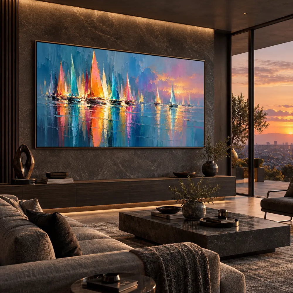 A Fleet of Reflected Color: above a low console beside sunset glazing and a dark coffee table