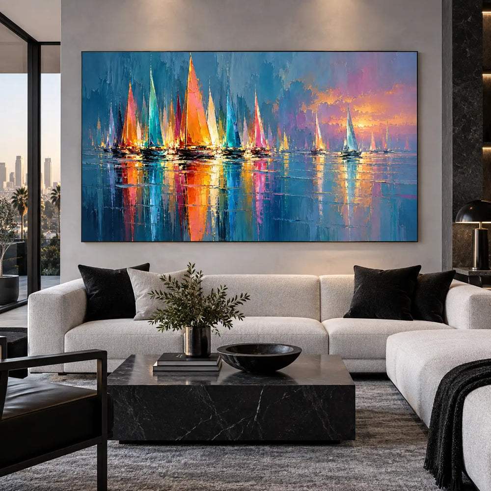 A Fleet of Reflected Color: above a white sofa with black cushions and a veined dark table