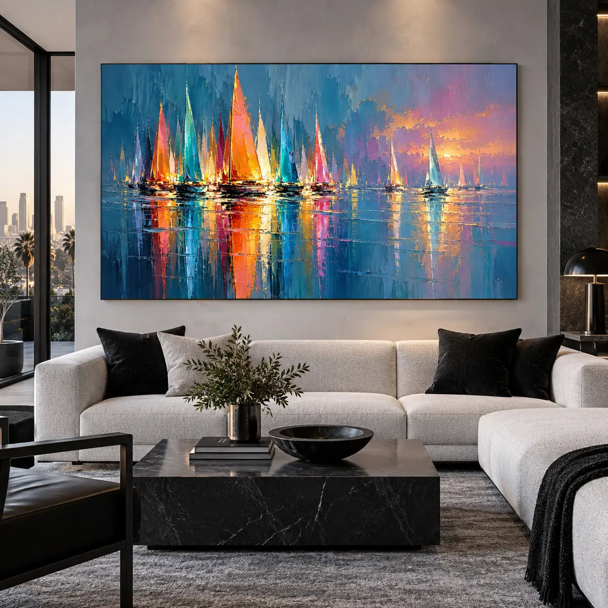 A Fleet of Reflected Color: above a white sofa with black cushions and a veined dark table