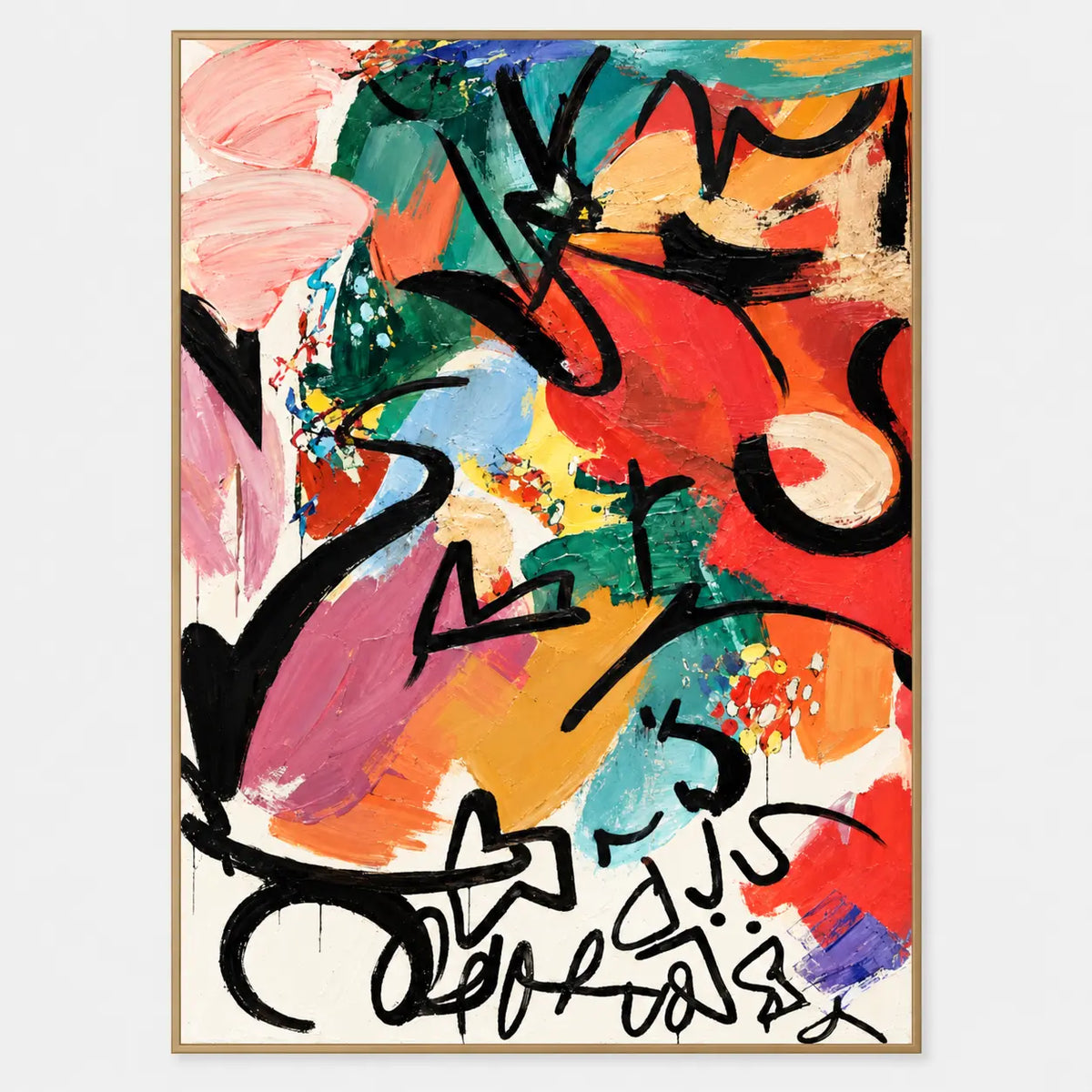A Flourish Below the Color: Red teal and yellow patches are crossed by large black curves