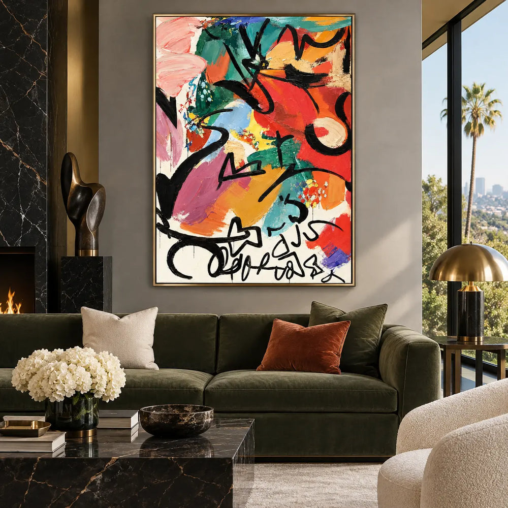 A Flourish Below the Color: above a green sofa with rust cushions beside tall windows