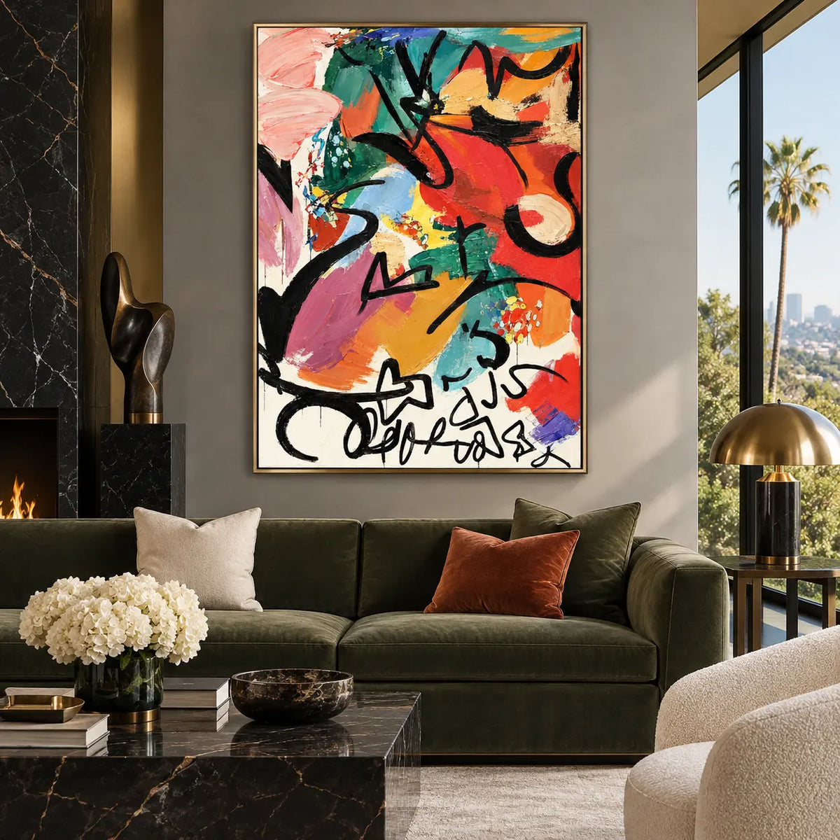 A Flourish Below the Color: above a green sofa with rust cushions beside tall windows