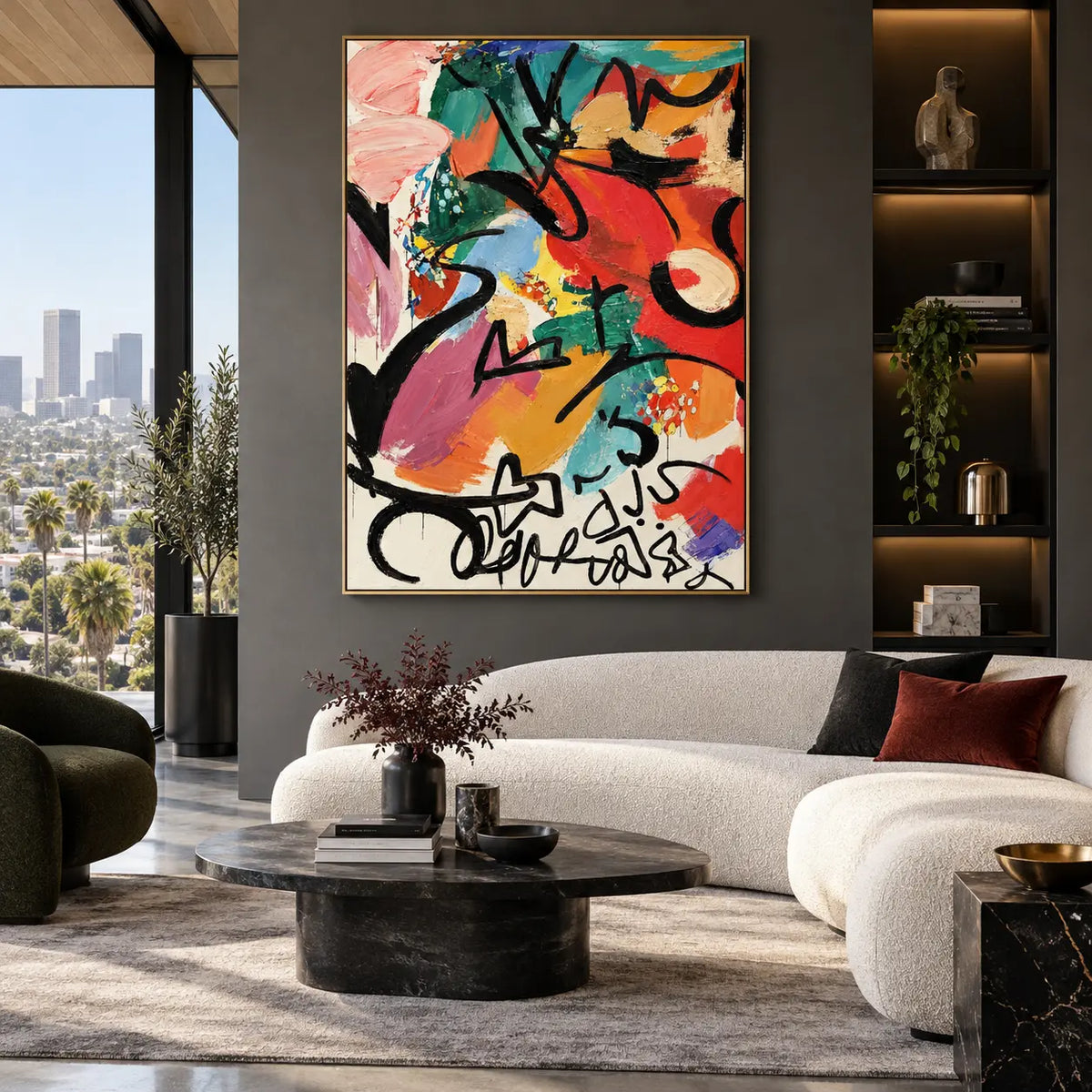 A Flourish Below the Color: above a curved white sofa beside illuminated display shelves
