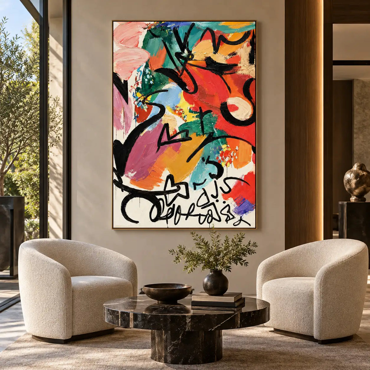 A Flourish Below the Color: above two white armchairs with a round dark coffee table