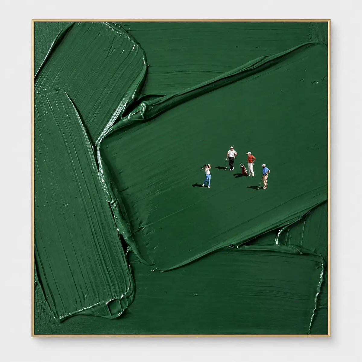 A Fourball in Deep Green: Four tiny golfers on overlapping deep green fields with pronounced curved edges