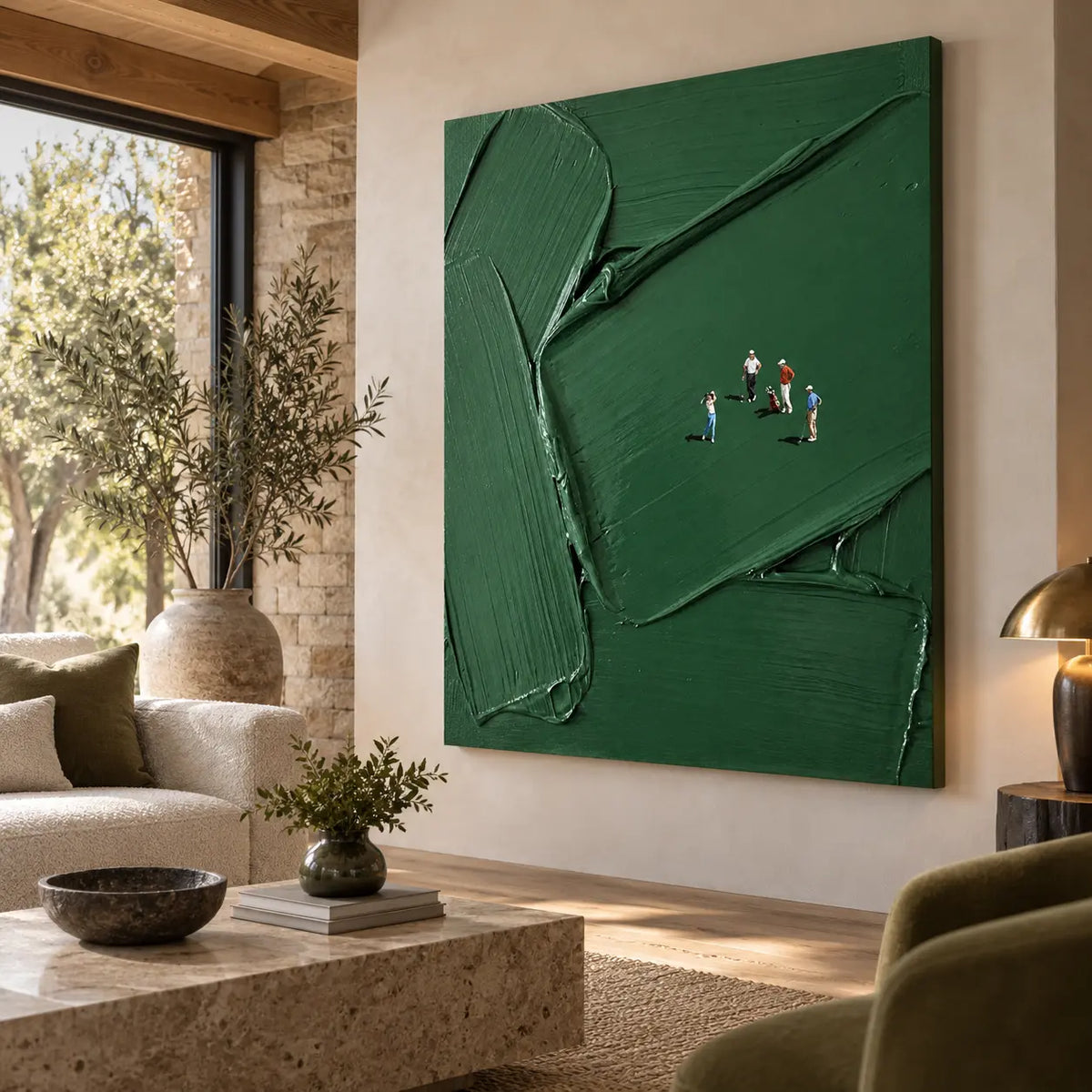 A Fourball in Deep Green: unframed beside a stone wall and window behind a pale stone table