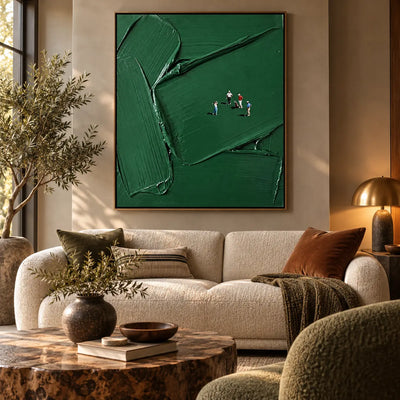 A Fourball in Deep Green: above a cream sofa with a rust cushion and a brass dome lamp