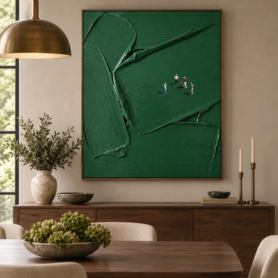 A Fourball in Deep Green: above a walnut dining sideboard with slender brass candlesticks