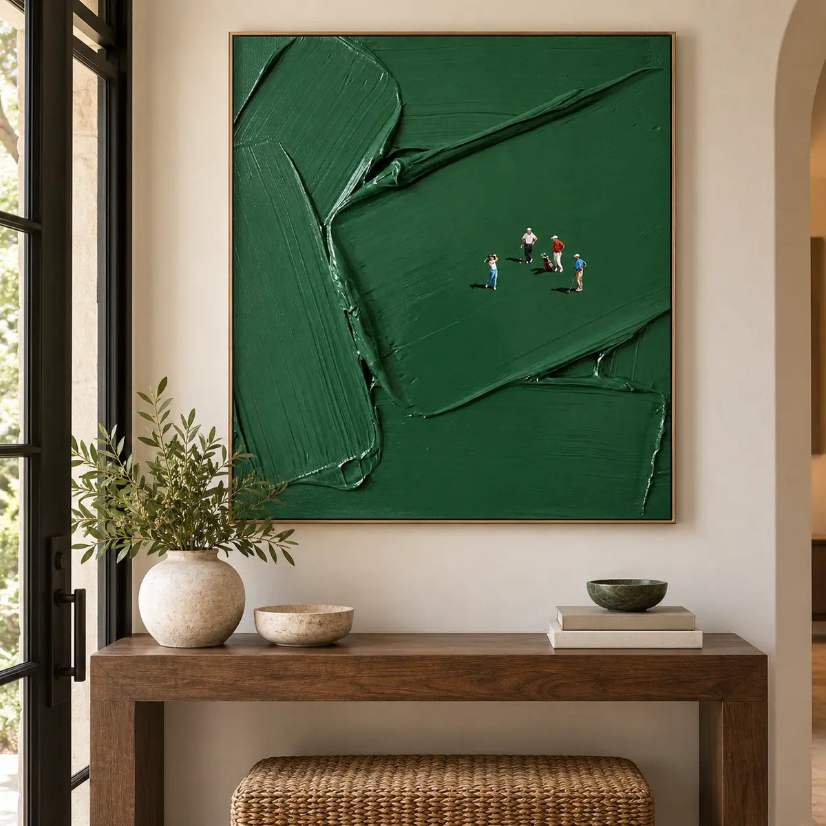 A Fourball in Deep Green: above an entry console with a woven bench and a pale branch vase