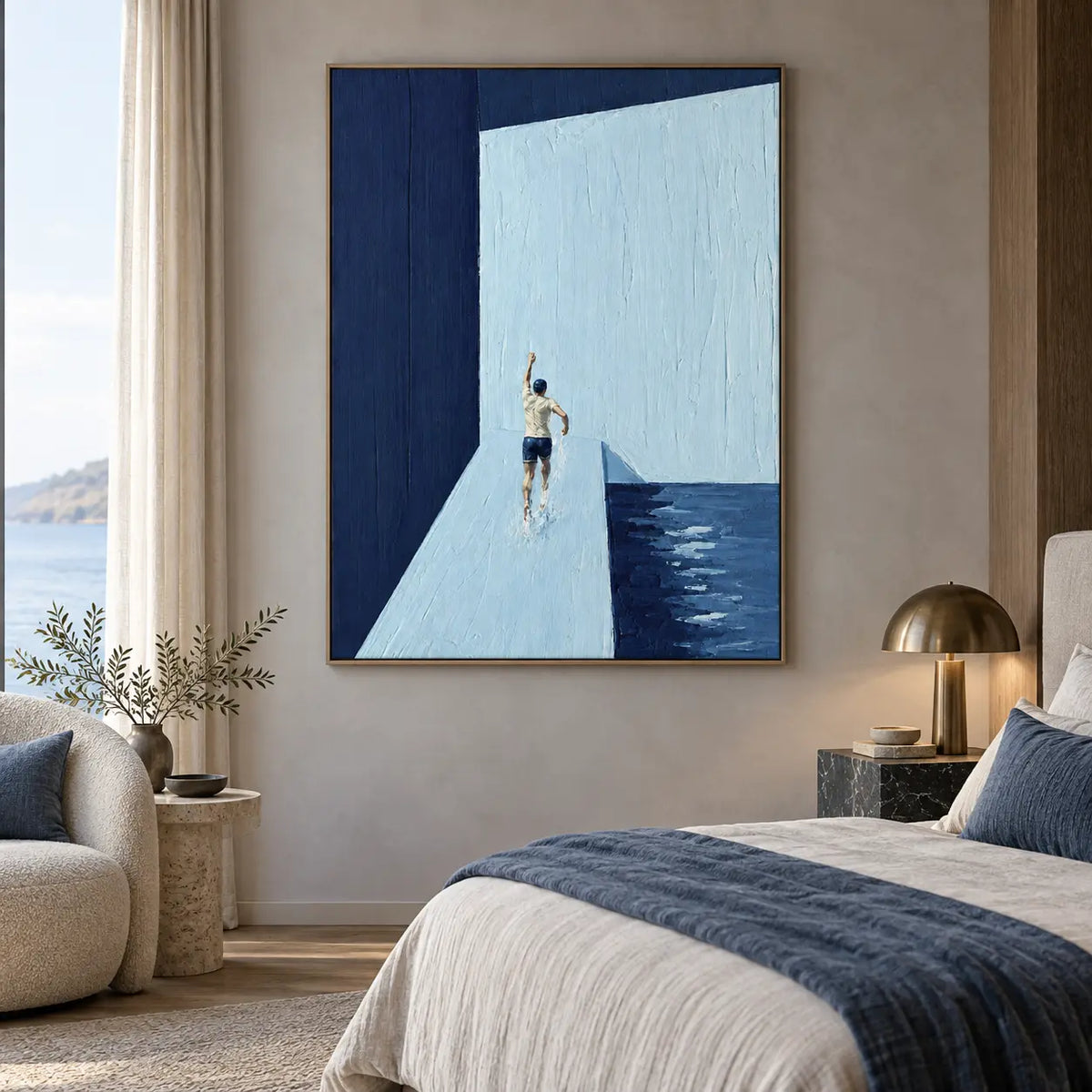 A Gesture Above the Water: beside a bed with a blue throw and brass dome lamp