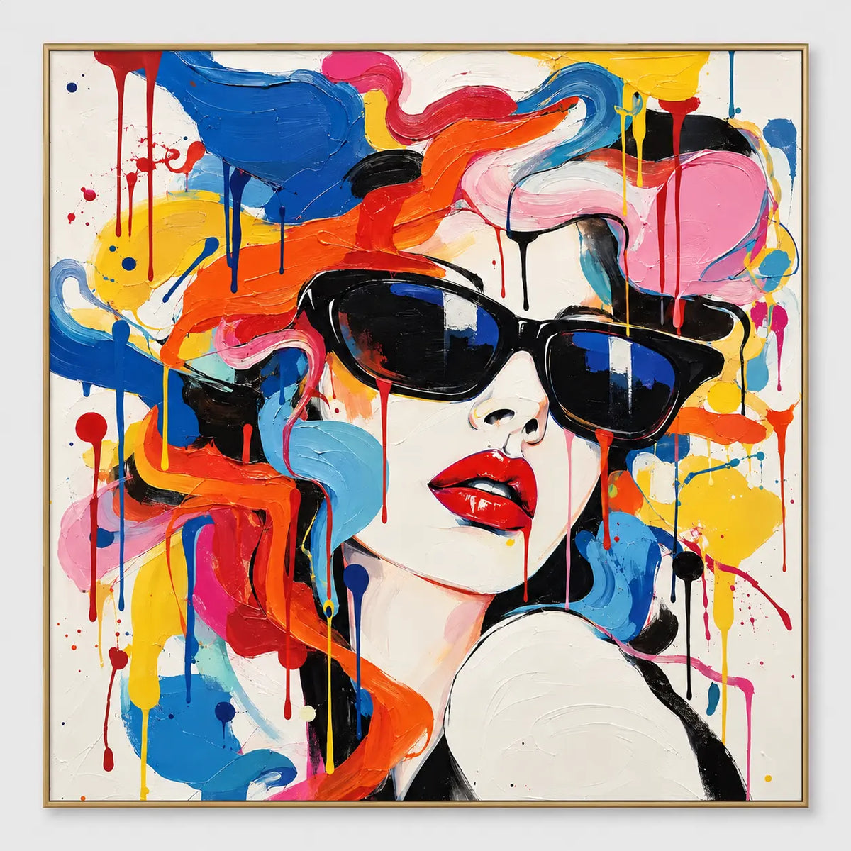 Woman in black sunglasses and red lipstick turning over a pale shoulder amid blue, pink and orange curls