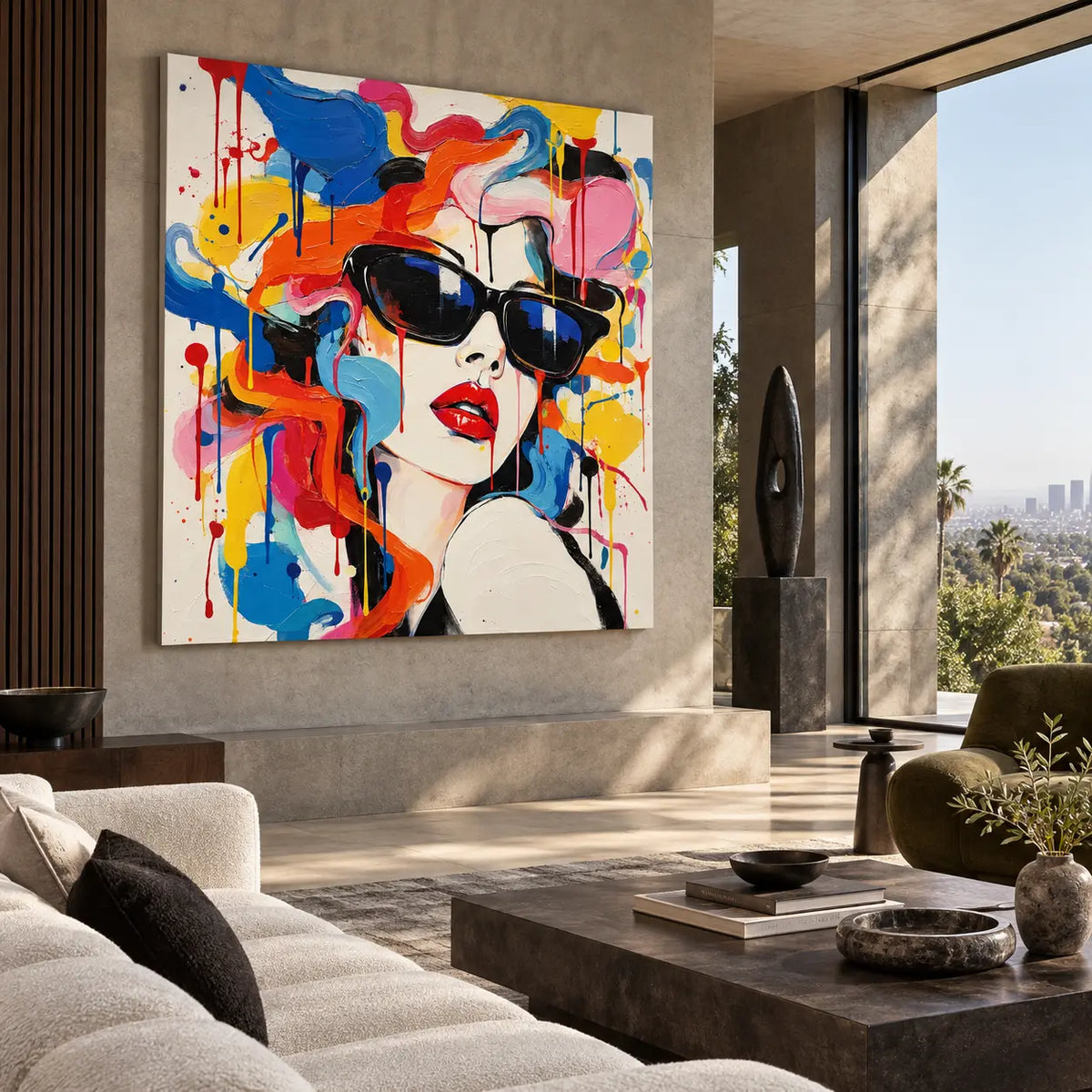 A Glance Through Color: artwork on a sunlit wall behind cream seating and a black coffee table