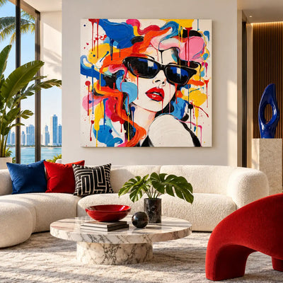 A Glance Through Color: artwork above a white sofa with bright cushions near a red sculptural chair
