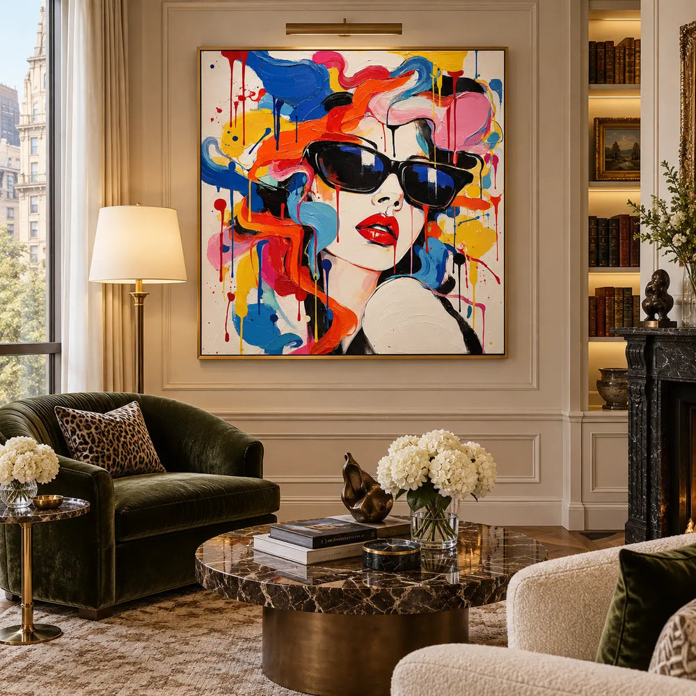 A Glance Through Color: artwork above a green sofa beneath a picture light near pale bookshelves