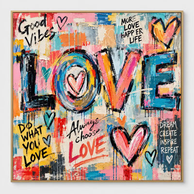 Large LOVE letters with a small heart inside the O, surrounded by pink hearts and handwritten messages