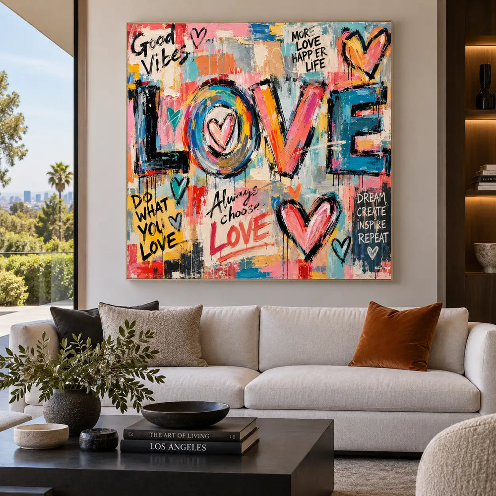 A Heart Inside the O: artwork above a white sectional with a rust cushion facing a garden