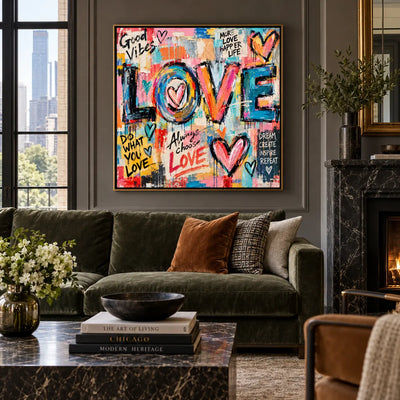 A Heart Inside the O: artwork above green seating on pale paneling beside a dark fireplace