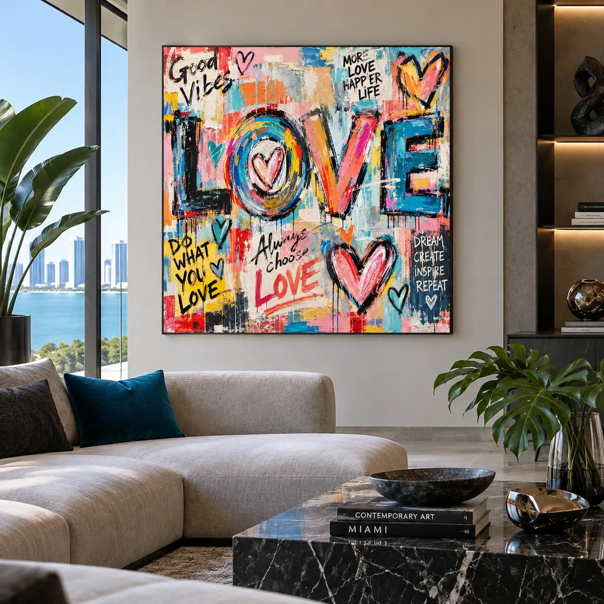 A Heart Inside the O: artwork above a white sectional with teal cushions and a round black marble table