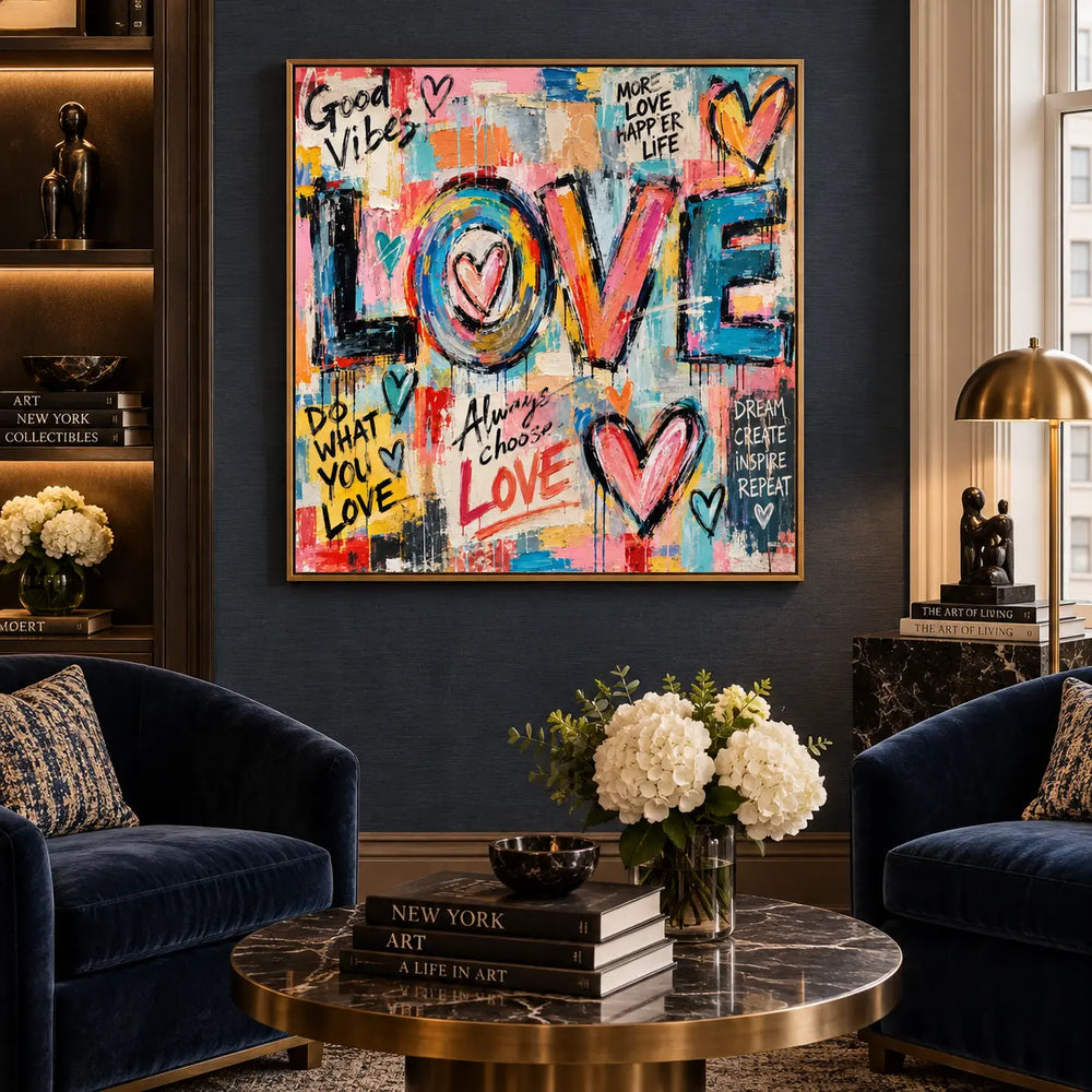 A Heart Inside the O: artwork between navy chairs on a dark wall above a brass-legged coffee table