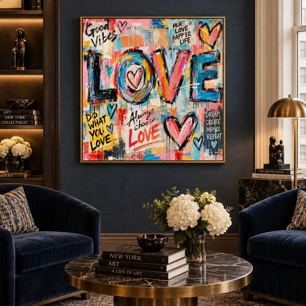 A Heart Inside the O: artwork between navy chairs on a dark wall above a brass-legged coffee table