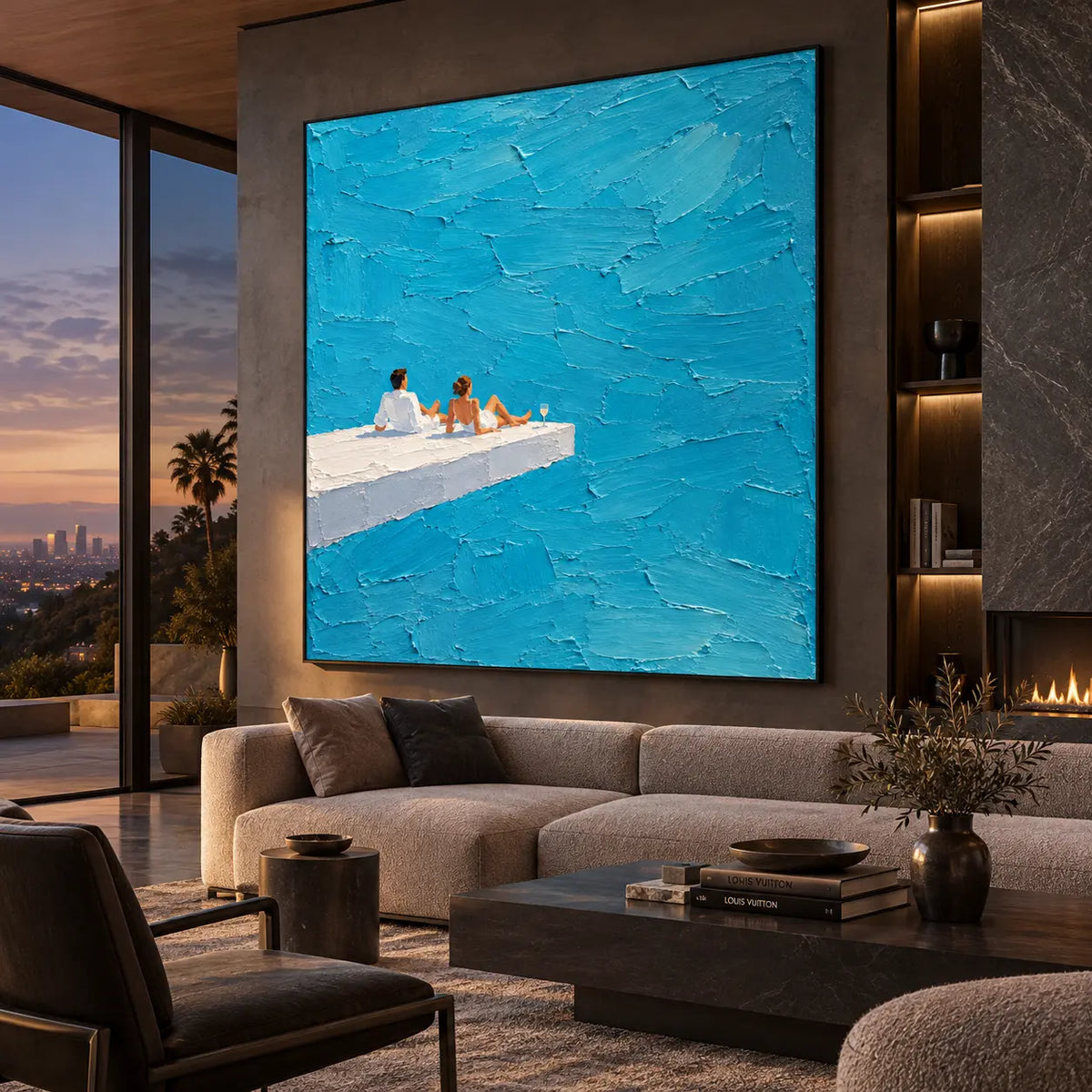 A Ledge for Two: above a sofa and wooden coffee table beside sunset windows